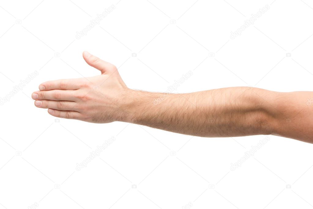 cropped view of man with outstretched hand isolated on white 