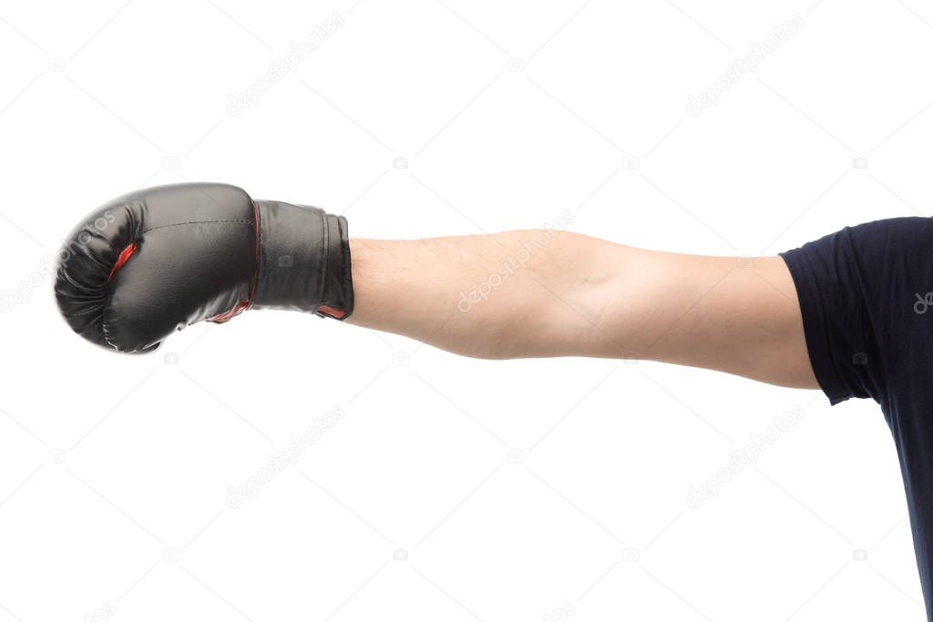cropped view of man in boxing glove isolated on white