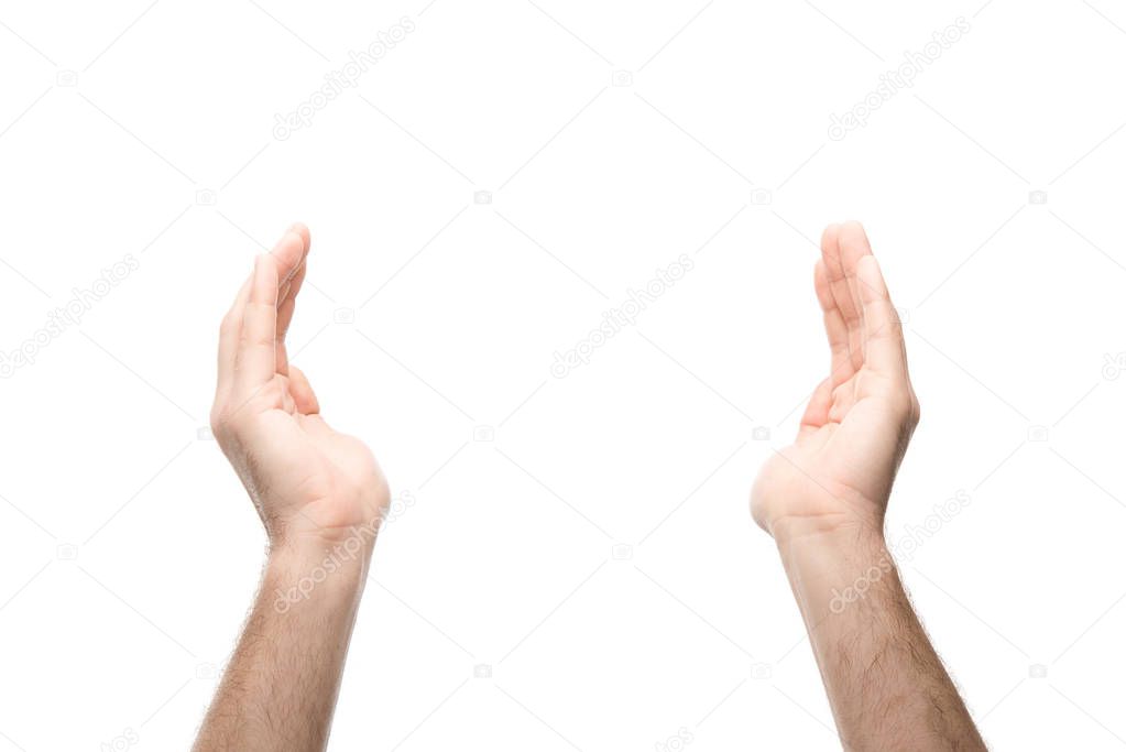 cropped view of man with outstretched hands isolated on white