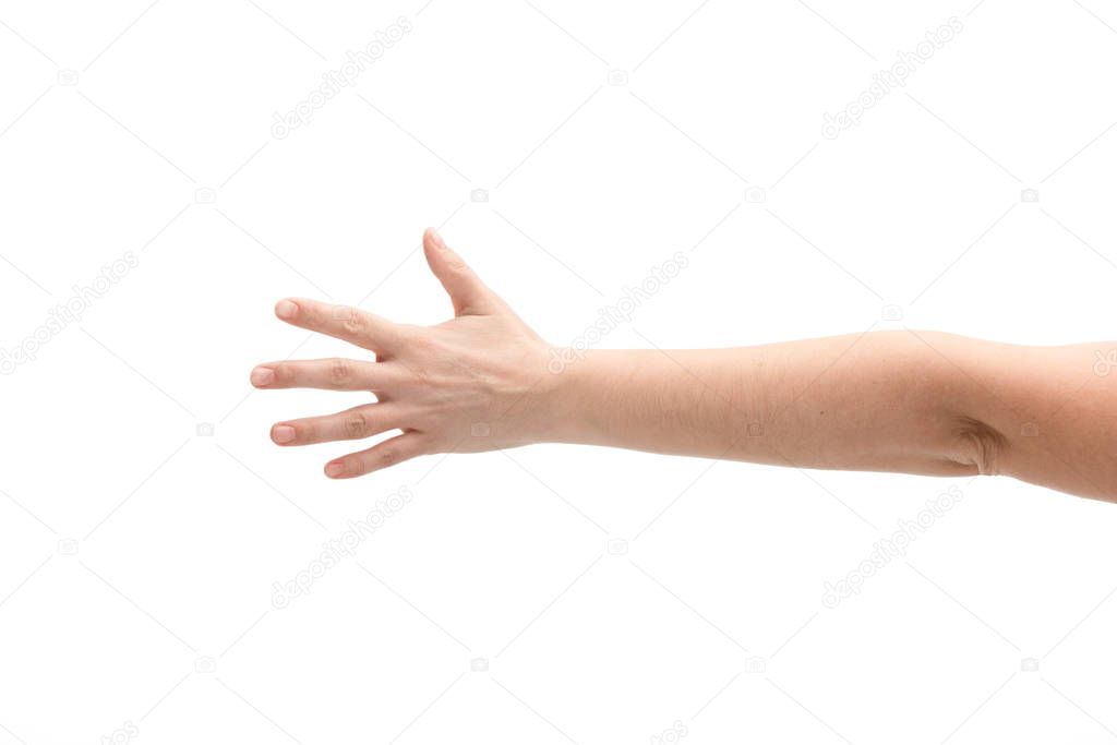 cropped view of woman with outstretched hand isolated on white