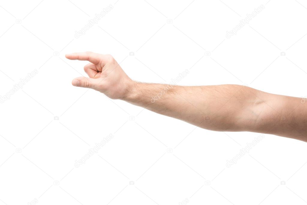 cropped view of man showing hold gesture isolated on white