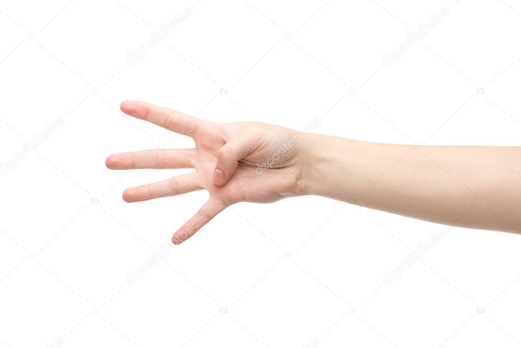 cropped view of woman showing four fingers gesture isolated on white