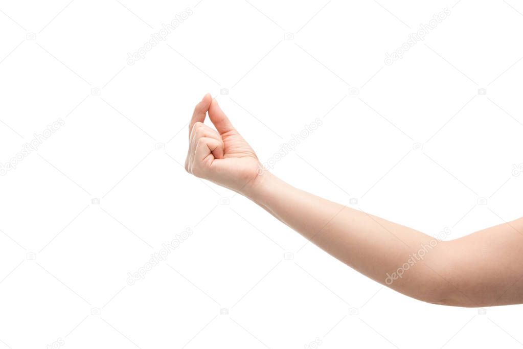 cropped view of woman showing taste gesture isolated on white