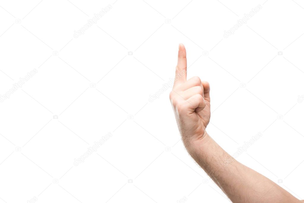 cropped view of man showing one finger gesture isolated on white