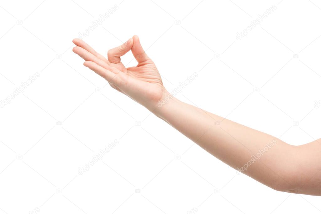 cropped view of woman showing meditation gesture isolated on white