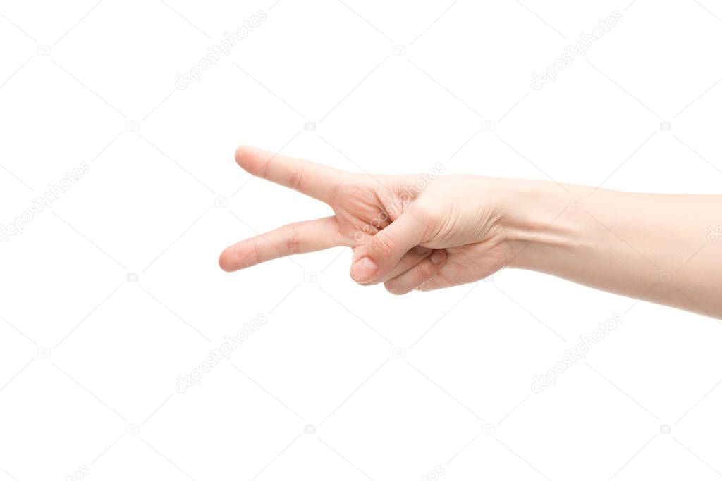cropped view of woman showing peace gesture isolated on white