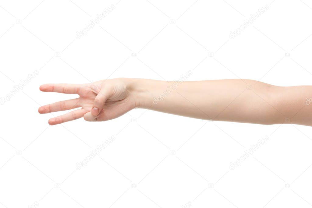 cropped view of woman showing three fingers isolated on white