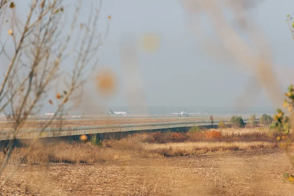 Çimenli Alanda Pistteki Uçakların Seçici Odak Noktası — Stok fotoğraf