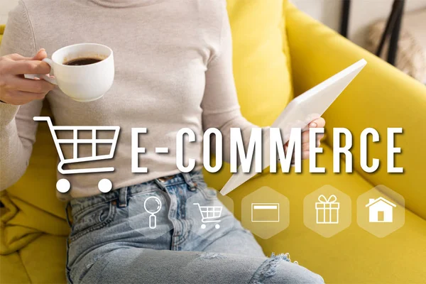 Cropped View Woman Drinking Coffee Holding Digital Tablet Couch Commerce — ストック写真