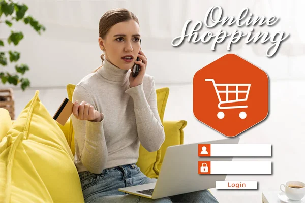 Attractive Woman Credit Card Laptop Talking Smartphone Online Shopping Concept — Stock Photo, Image