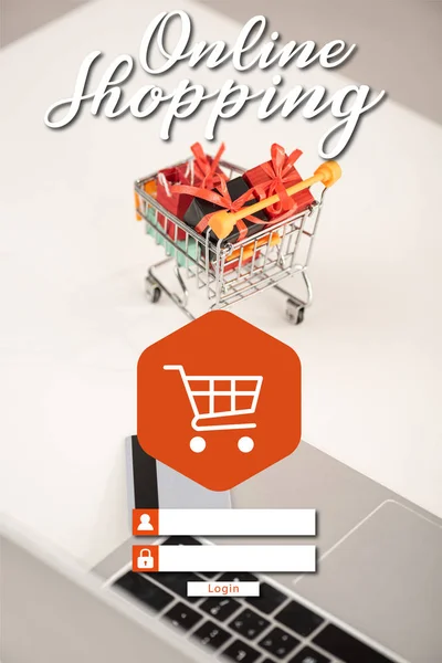 Laptop Credit Card Toy Gifts Cart Table Online Shopping Concept — Stock Photo, Image