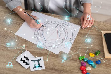 Cropped view of woman drawing natal chart by zodiac signs and constellations clipart