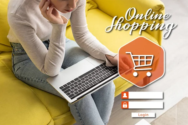 Cropped View Girl Using Laptop Couch Home Online Shopping Concept — Stock Photo, Image