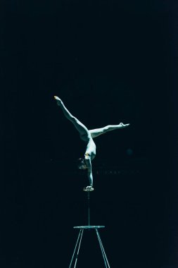 Kyiv, Ukrayna - 1 Kasım 2019: Jimnastikçi sirkte amuda kalkıyor