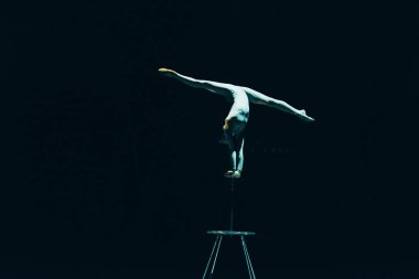 Kyiv, Ukrayna - 1 Kasım 2019: Kadın jimnastikçi amuda kalkıp sirkte tek başına ayrılmış