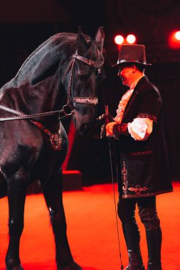 KYIV, UKRAINE - NOVEMBER 1, 2019: Side view of handler performing with horse at circus stage clipart