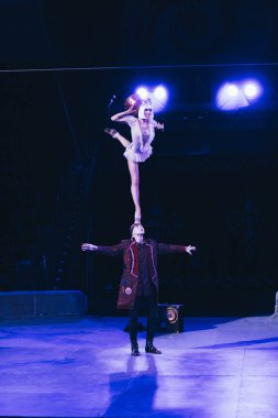 KYIV, UKRAINE - NOVEMBER 1, 2019: Acrobats balancing while performing at circus arena clipart