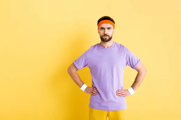 Angry Sportsman Standing Hands Hips Yellow — Stock Photo, Image