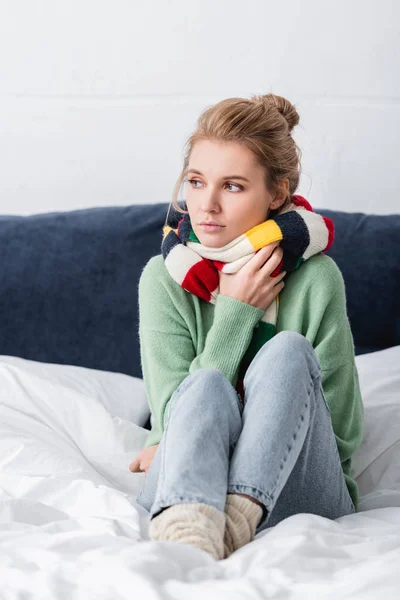 Young Diseased Woman Sweater Scarf Sitting Bed — Stock Photo, Image