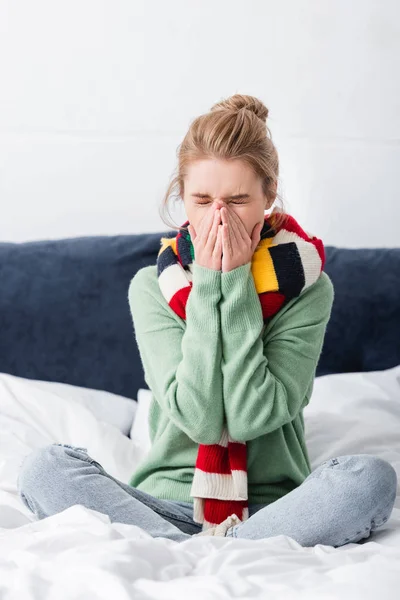 Attractive Ill Woman Scarf Sneezing Bed — Stock Photo, Image
