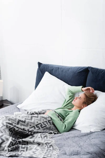 Tired Woman Lying Bed Morning — Stock Photo, Image