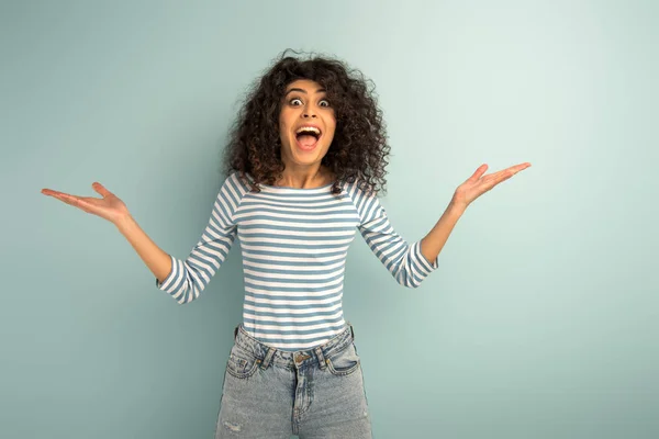 Excited Mixed Race Girl Looking Camera While Standing Open Arms — Stock Photo, Image
