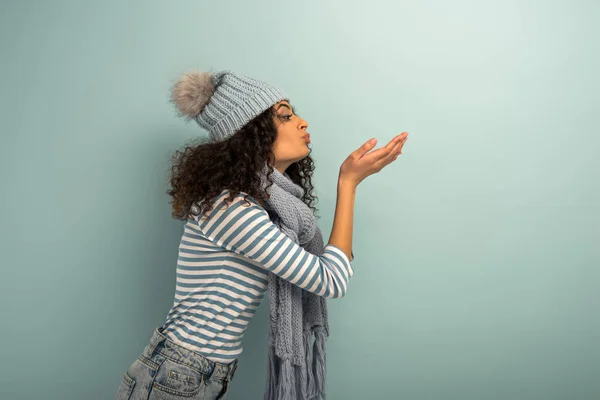 Side View Racial Girl Warm Hat Scarf Sending Air Kiss — Stock Photo, Image