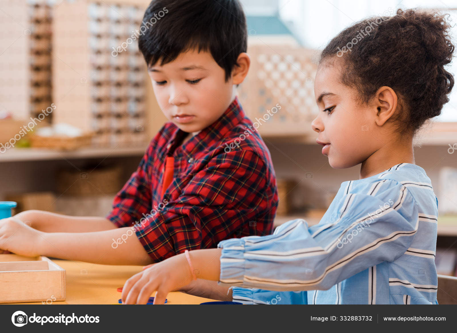 Side View Kids Playing Educational Game Lesson Montessori School