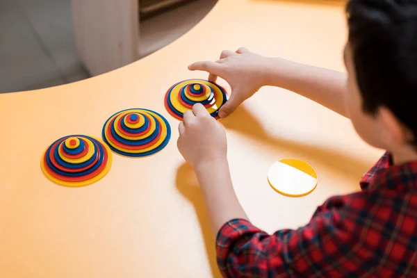 Overhead View Kid Playing Game Desk Montessori School Selective Focus — Stock Photo, Image