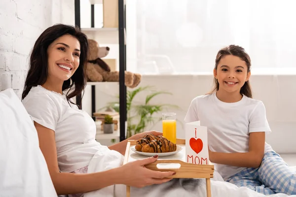 Adorable Child Sitting Mother Holding Tray Breakfast Mothers Day Card — Stock Photo, Image