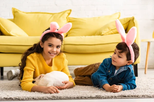 Adorable Kids Bunny Ears Lying Floor White Funny Rabbit — Stock Photo, Image