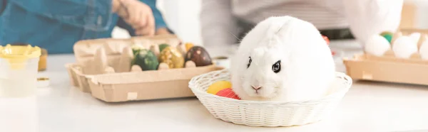 Cropped View Woman Son Table Easter Eggs White Rabbit Wicker — Stock Photo, Image