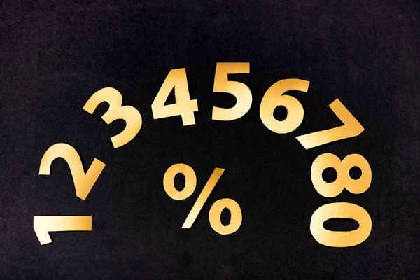 Top View Golden Numbers Percent Sign Black Background — 스톡 사진