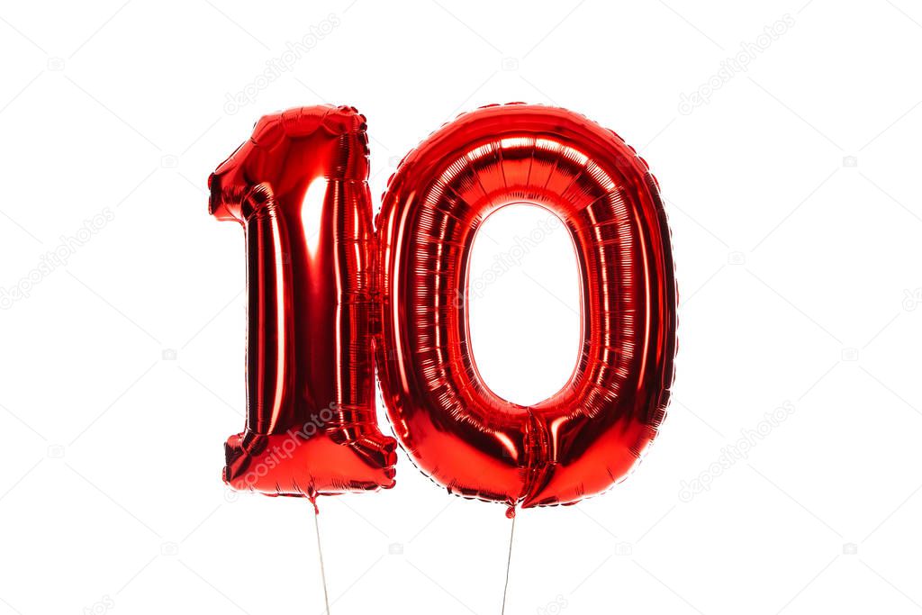Number 10 red balloons isolated on white