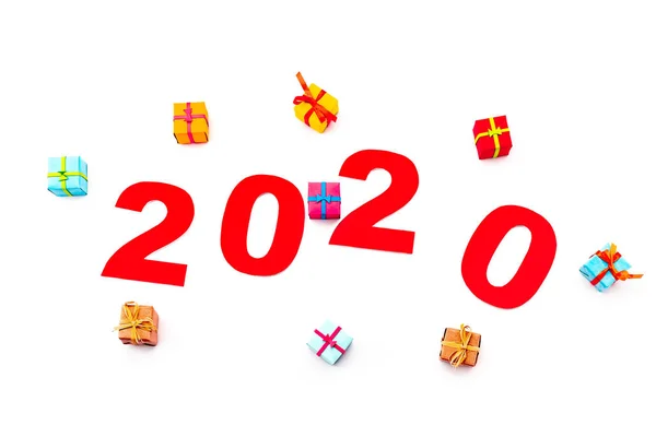 Top View Red 2020 Number Gifts Isolated White — Stock Photo, Image