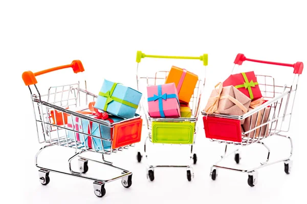 Decorative Small Shopping Carts Gift Boxes Isolated White — Stock Photo, Image