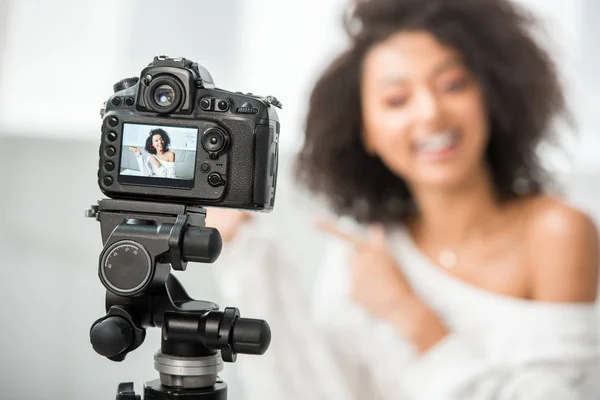 Selective Focus Digital Camera Happy African American Influencer Braces Pointing — Stock Photo, Image