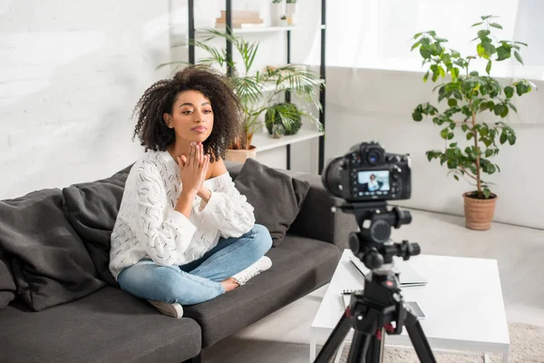 Selective Focus Young African American Influencer Sitting Sofa Praying Hands — Stock Photo, Image