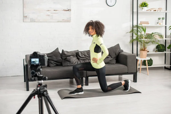 Selective Focus Happy Curly African American Video Blogger Braces Exercising — Stock Photo, Image