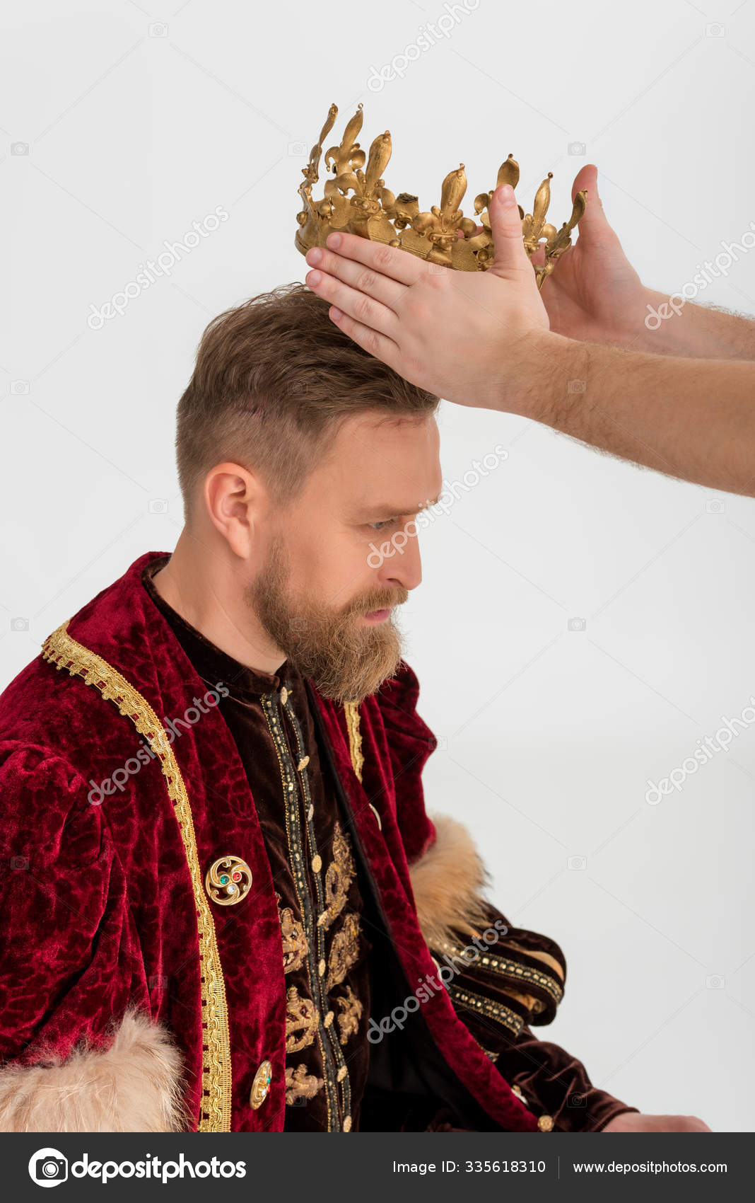 Cropped View Man Putting Crown King Grey Background Stock Photo by