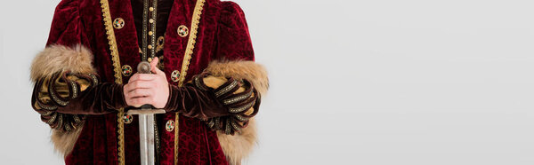 панорамный снимок короля, держащего меч изолированный на сером
