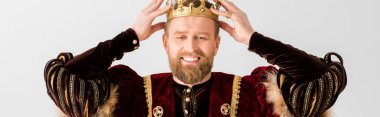 panoramic shot of smiling king wearing crown on head isolated on grey