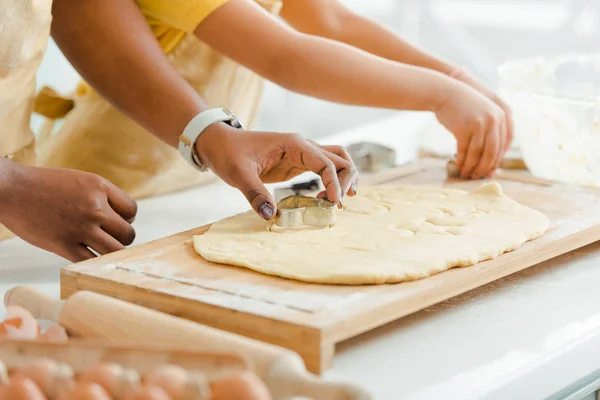 Cropped View African American Mother Holding Cookie Cutter Dough Kid — 스톡 사진