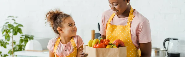 Panoramic Shot Happy African American Kid Looking Mother Groceries — Stock Photo, Image