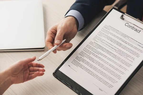 Cropped View Agent Giving Pen Woman Holding Clipboard Contract Lettering — Stock Photo, Image