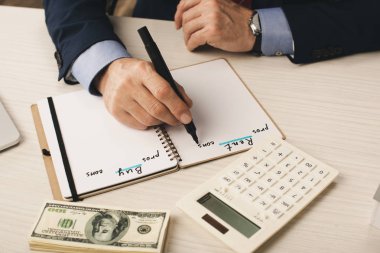 cropped view of agent writing in notebook with rent and buy lettering near dollar banknotes and calculator  clipart