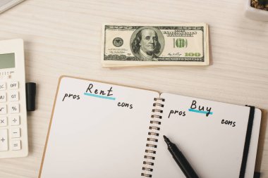 top view of dollar banknotes near notebook with rent and buy lettering, marker pen and calculator  clipart