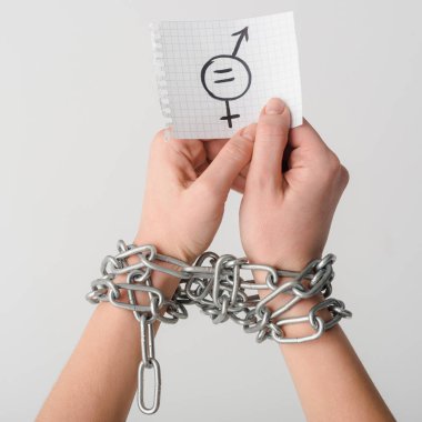 cropped view of woman in chains holding paper with gender symbol isolated on white, sexual equality concept  clipart