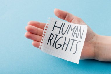 cropped view of woman holding paper with human rights lettering isolated on blue  clipart