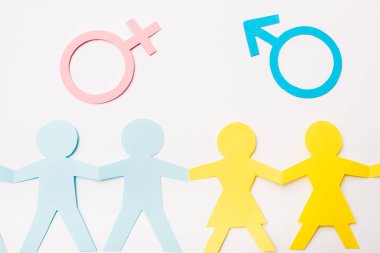 Kağıdın üst görünümü, beyaz cinsiyet eşitliği kavramına izole edilmiş cinsiyet işaretlerinin yakınındaki insanları kesti 